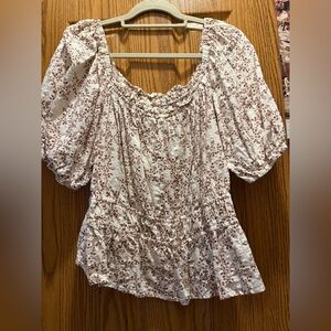 a.n.a Floral Puff Sleeve Blouse - White and Brown